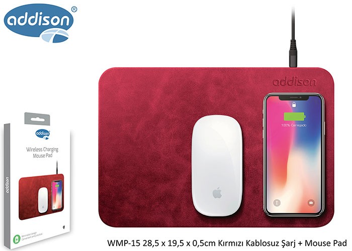 Addison WMP-15 28.5x19.5x0.5Ccm Kırmızı Kablosuz Şarj+Mouse Pad